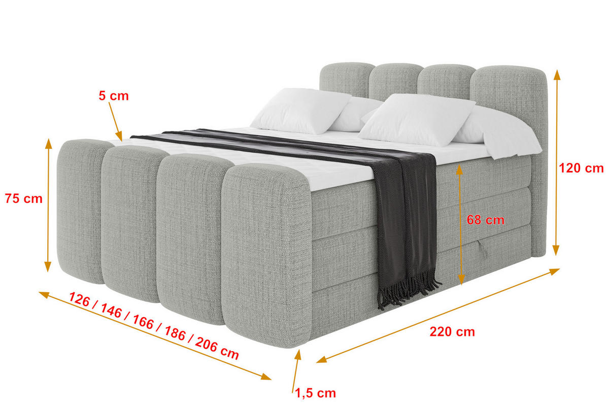 BOXBETT mit Matratze H3|H4 - NINA-Z KING - 140x200 cm - Hellgrau - Hellgrau, Holzwerkstoff (140/200cm) - ALTDECOR