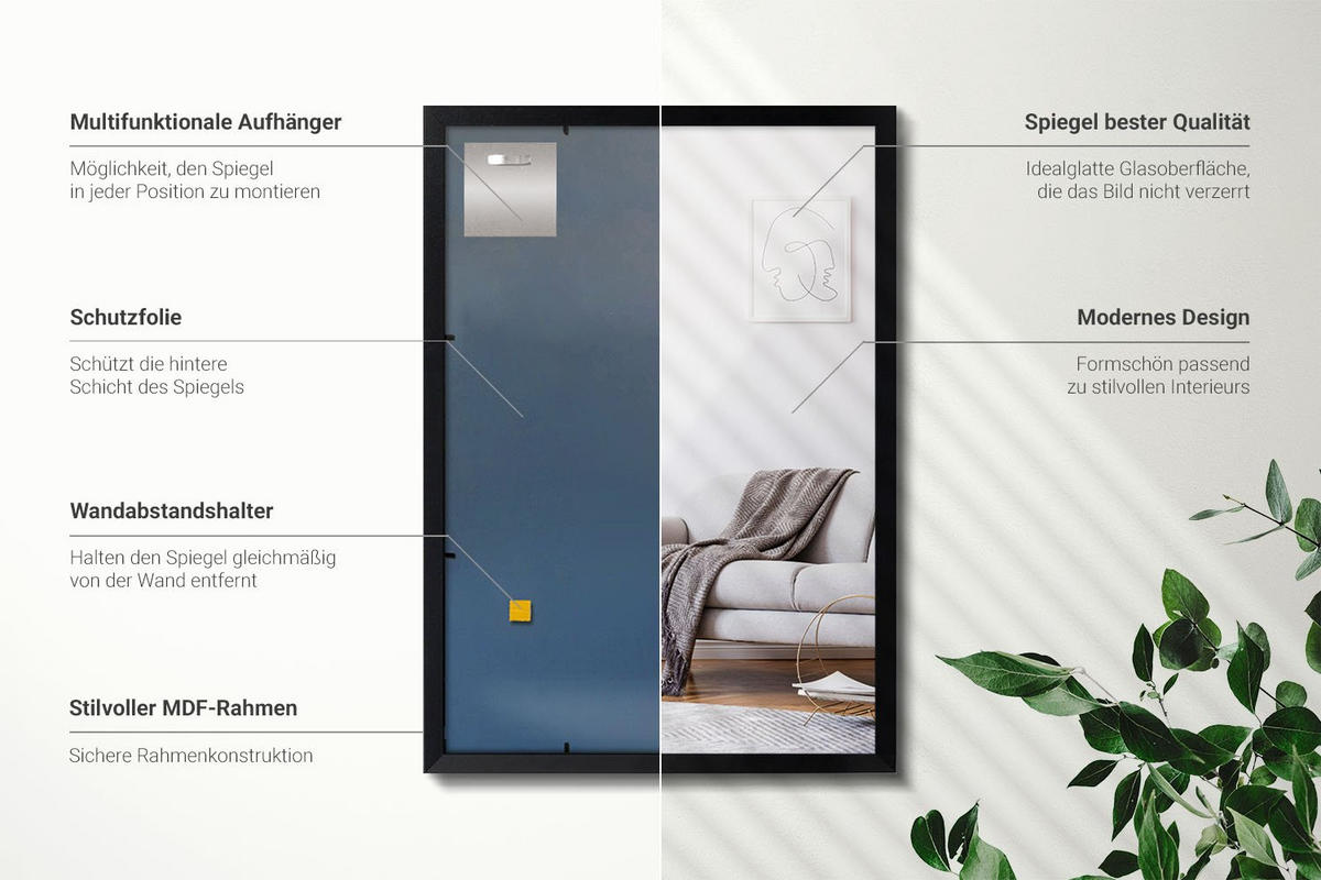 SPIEGEL 70x50cm Schwarzer Rahmen - Transparent, Glas (70/50/0.4cm) - Wallfluent