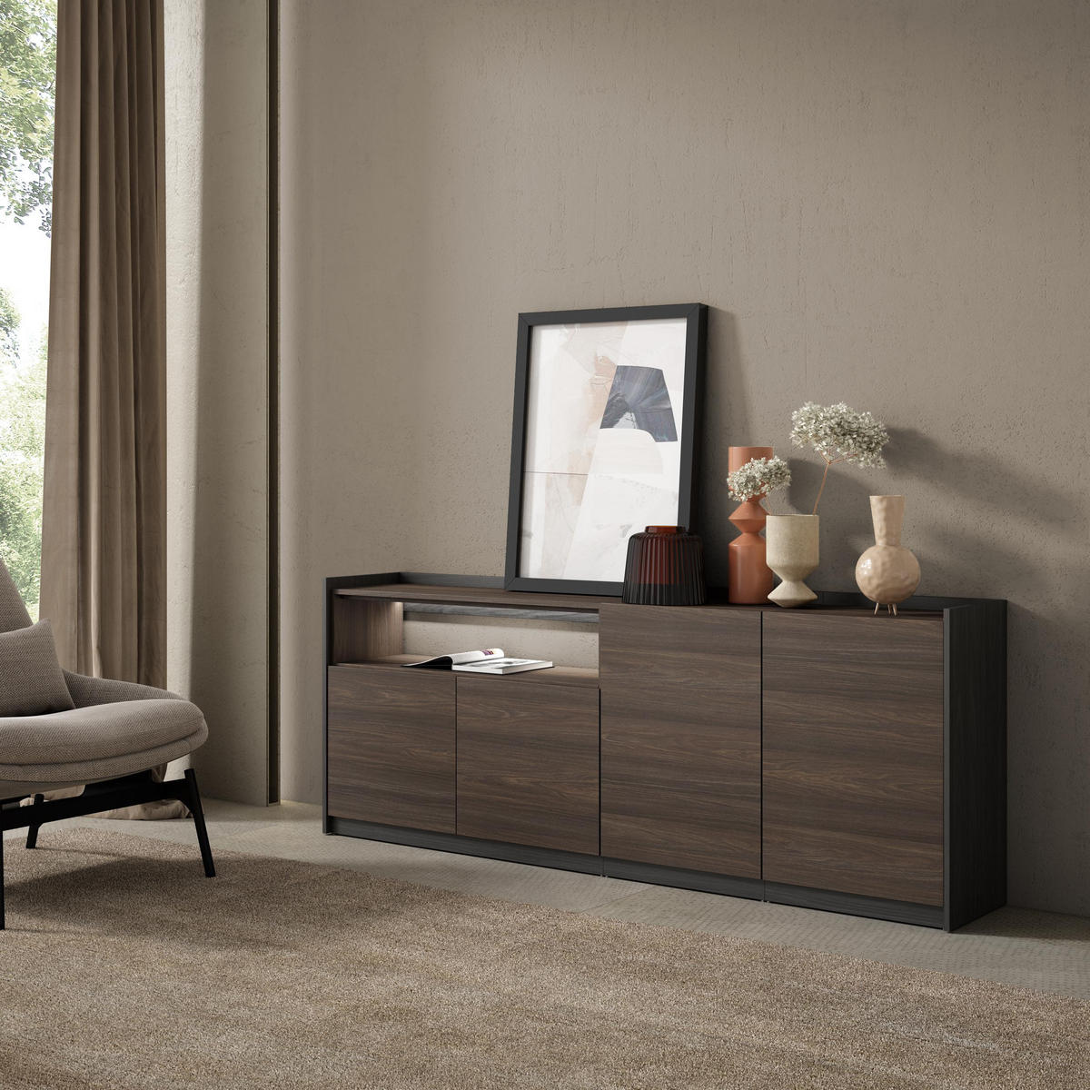 SIDEBOARD, Dunkler Eiche und Schwarz, 207/37/80cm, mit Led - Dunkelbraun, Holzwerkstoff (207/80/37cm) - Skraut Home
