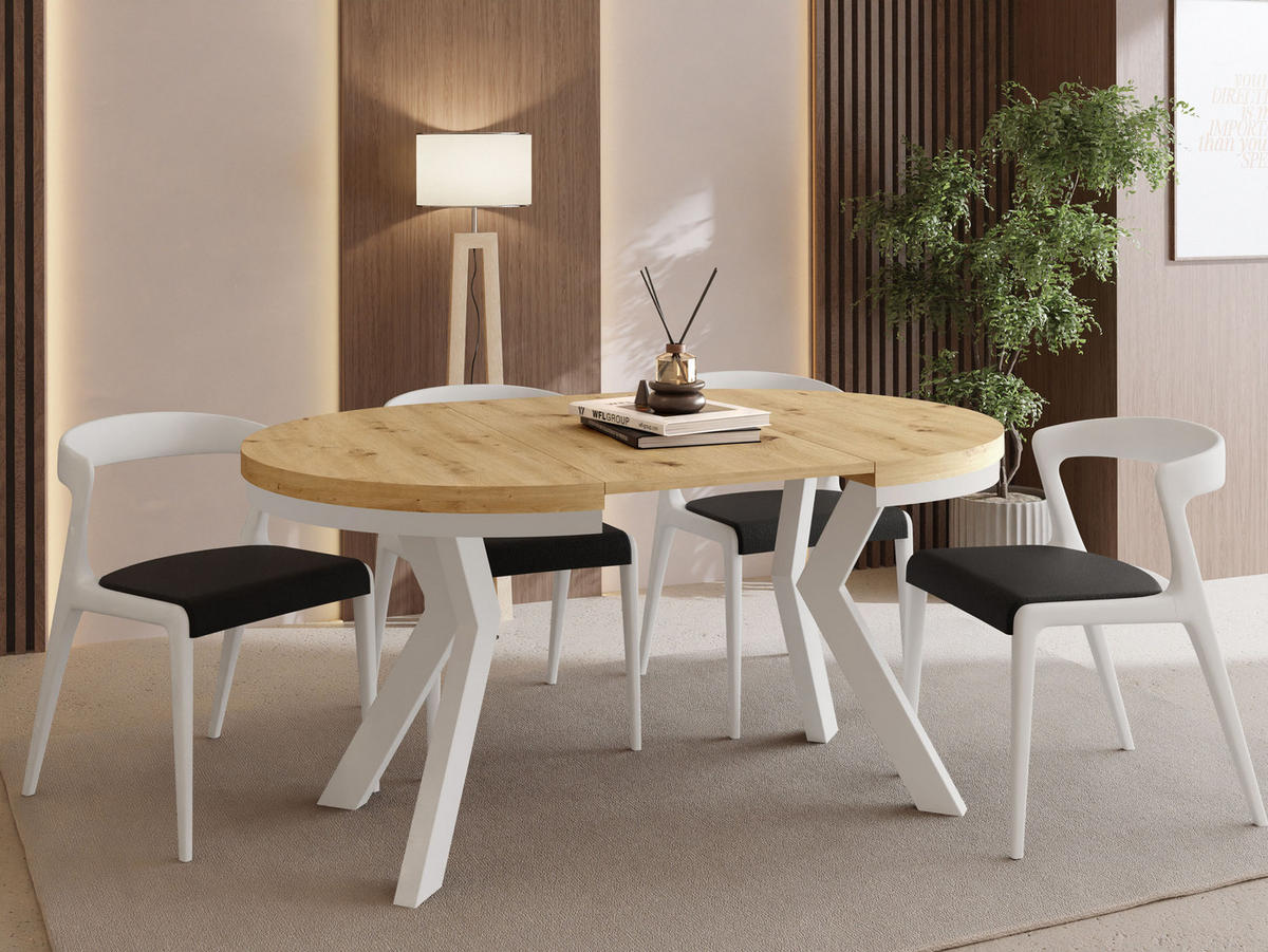 ESSTISCH Savio Weiß Neo rund ausziehbar verlängerbar, Eiche Artisan Hellbraun 80-130/80/77 cm - Weiß/Eiche Artisan, Holz/Holzwerkstoff (80/80/77cm) - WFL GROUP