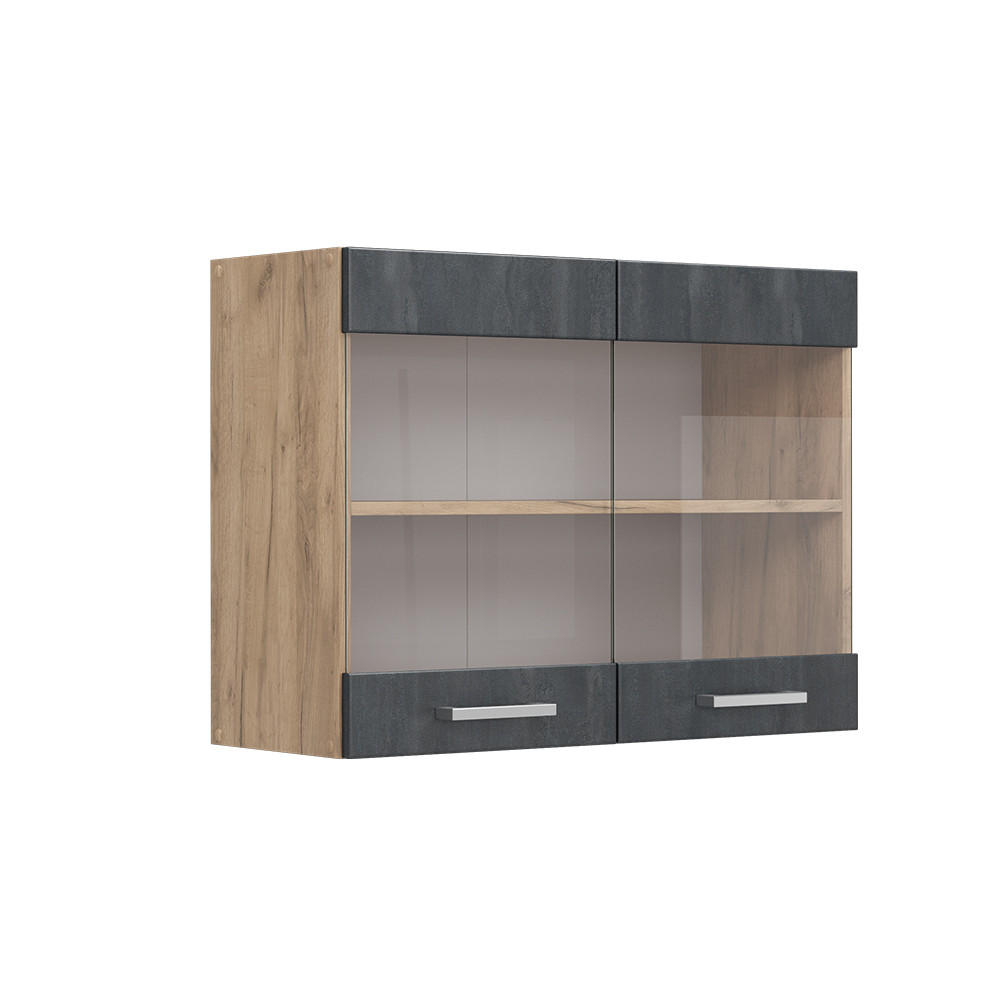 KÜCHENGLASSCHRANK R-Line Schwarz Beton 80 cm - Honigeiche/Eiche Wotan, Holzwerkstoff (80/60/31cm) - Vicco