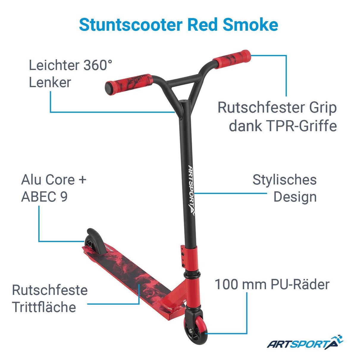 STUNTSCOOTER Red Smoke - Rot, Metall (66/47/84cm) - Artsport