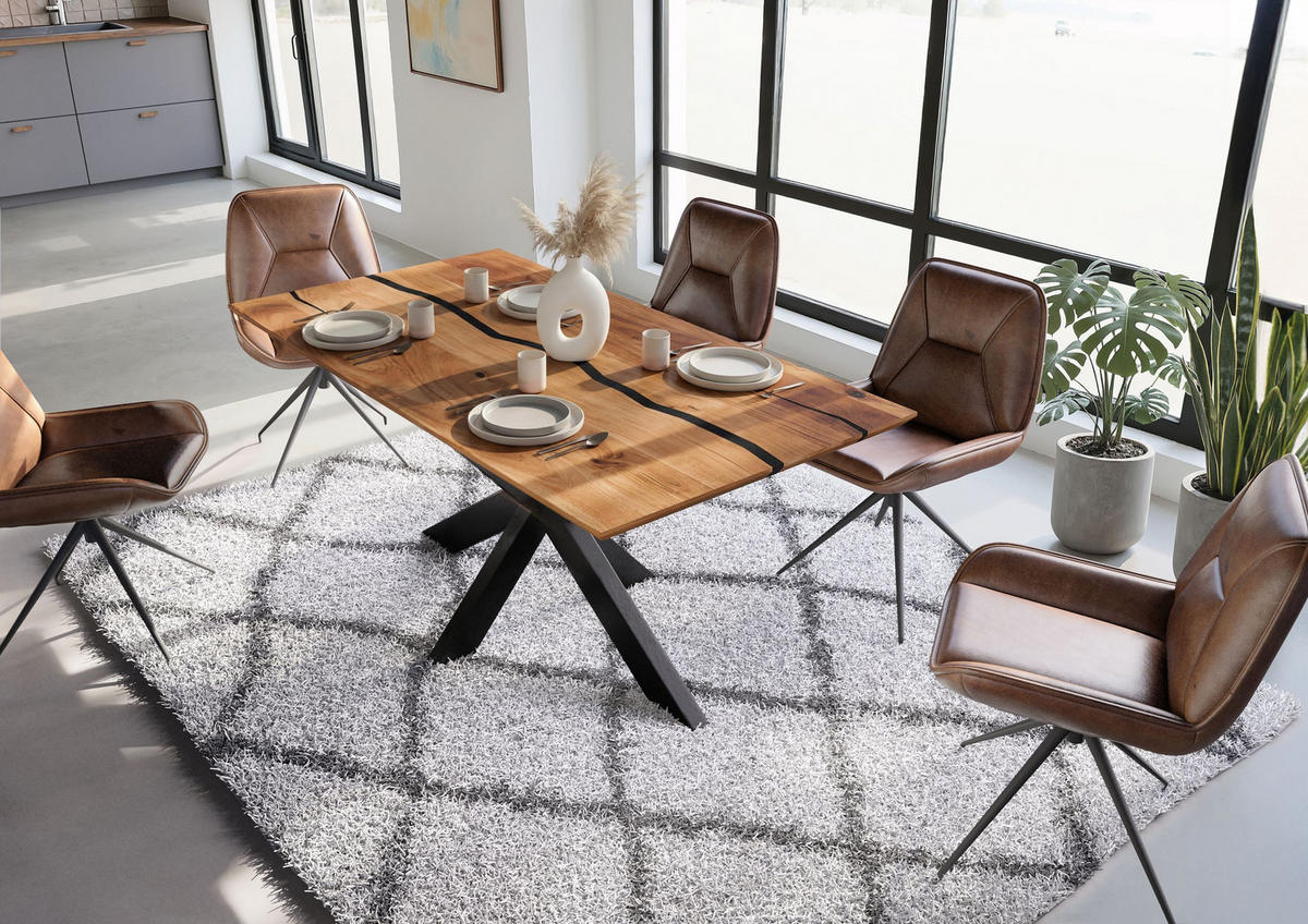 ESSTISCH Akazie 180x90x74 natur lackiert / Epoxid schwarz, Kreuzgestell anthrazit matt EPOXY - Naturfarben, Holz (180/90/74cm) - Massivmoebel24