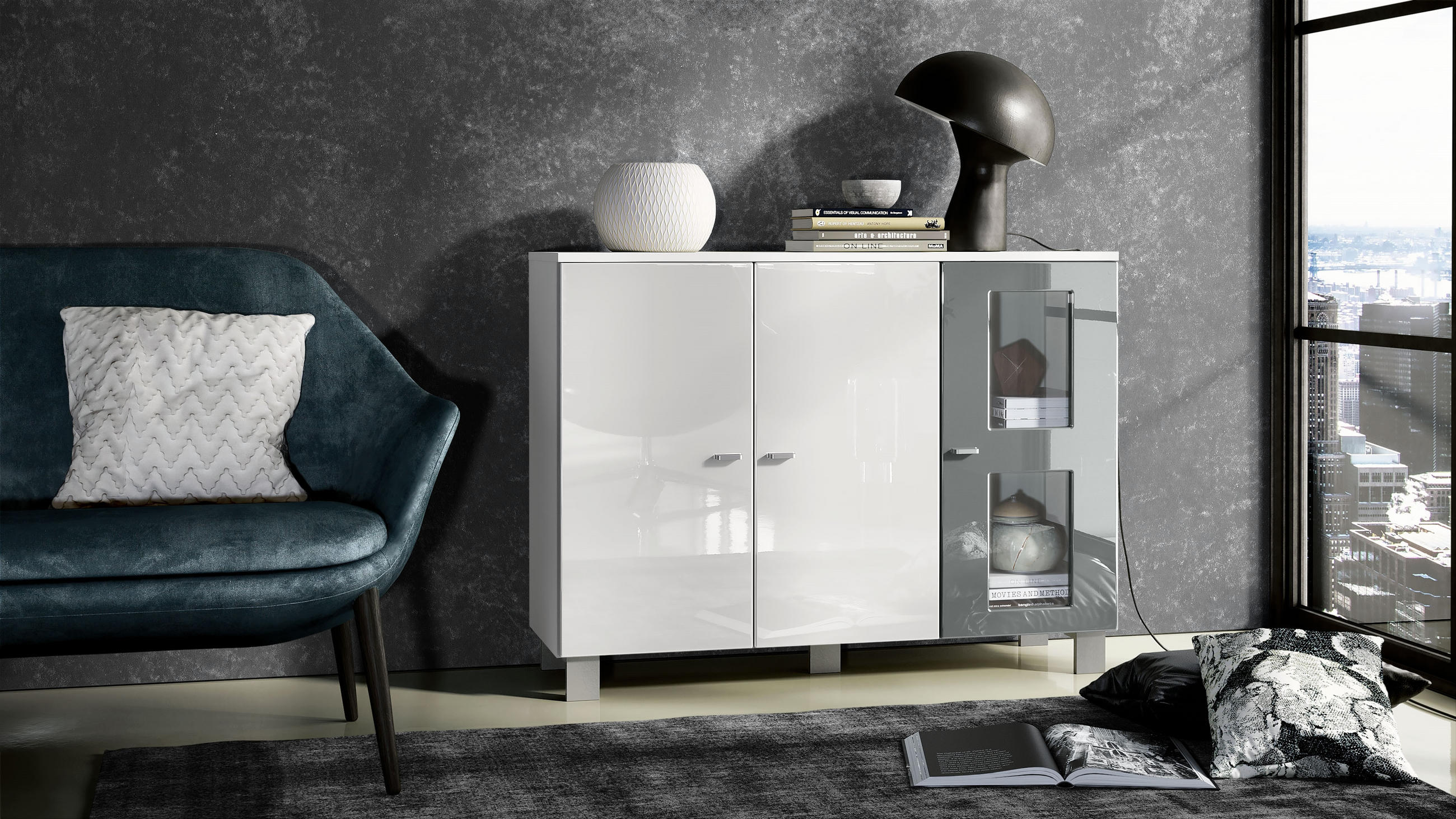 SIDEBOARD Denjo Tür in Grau Hochglanz - Grau, Holzwerkstoff (107/81/35cm) - Vladon