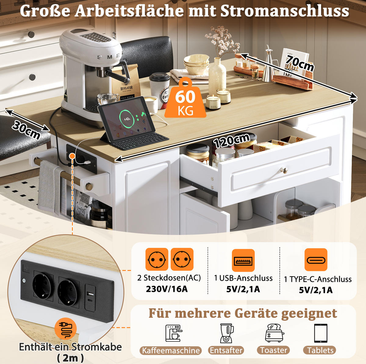 KUECHENINSEL mit Rollen und Ausziehplatte 131,8 x 40-70 x 93,3 cm Weiß/Natur - Weiß, Holz (40/93.3/131.8cm) - Beauniv