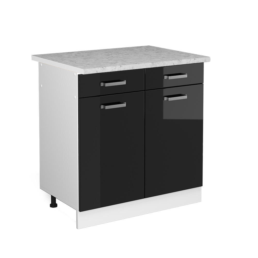 KÜCHENUNTERSCHRANK R-Line Schwarz Hochglanz 80 cm, AP Marmor - Schwarz Hochglanz/Schwarz, Holzwerkstoff (80/81.6/60cm) - Vicco