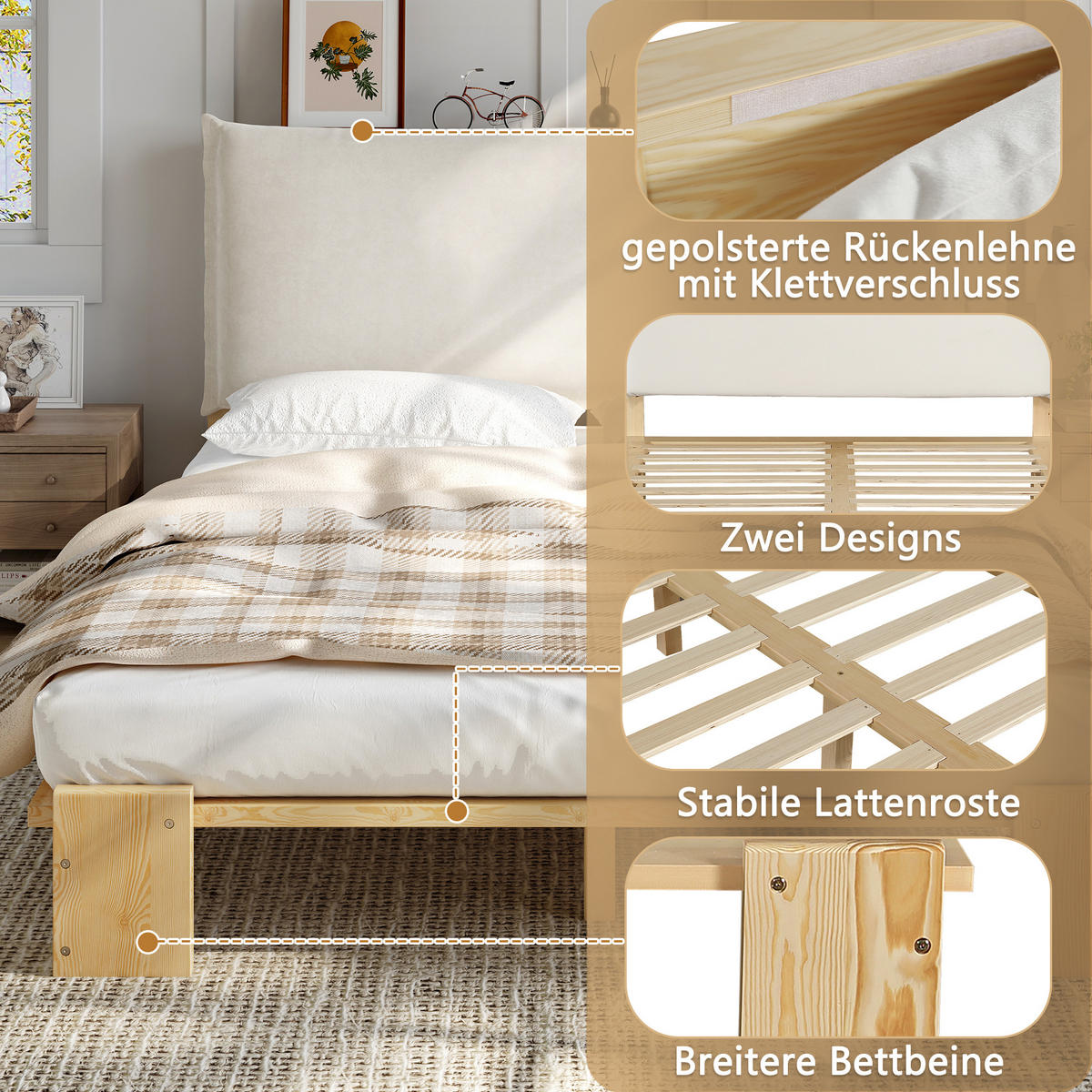 POLSTERBETT 140/200 cm natur aus Holz mit gepolsterter Rückenlehne - Naturfarben, Textil (140/200cm) - OKWISH