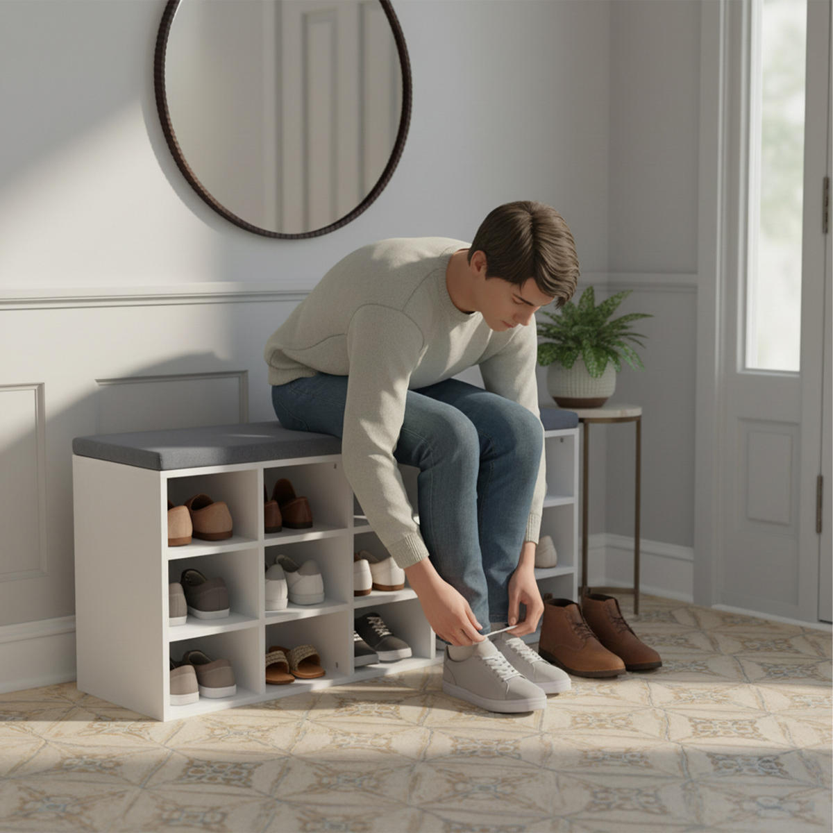 SCHUHBANK - Weiß, Holzwerkstoff/Textil (105/48/30cm) - Relaxdays