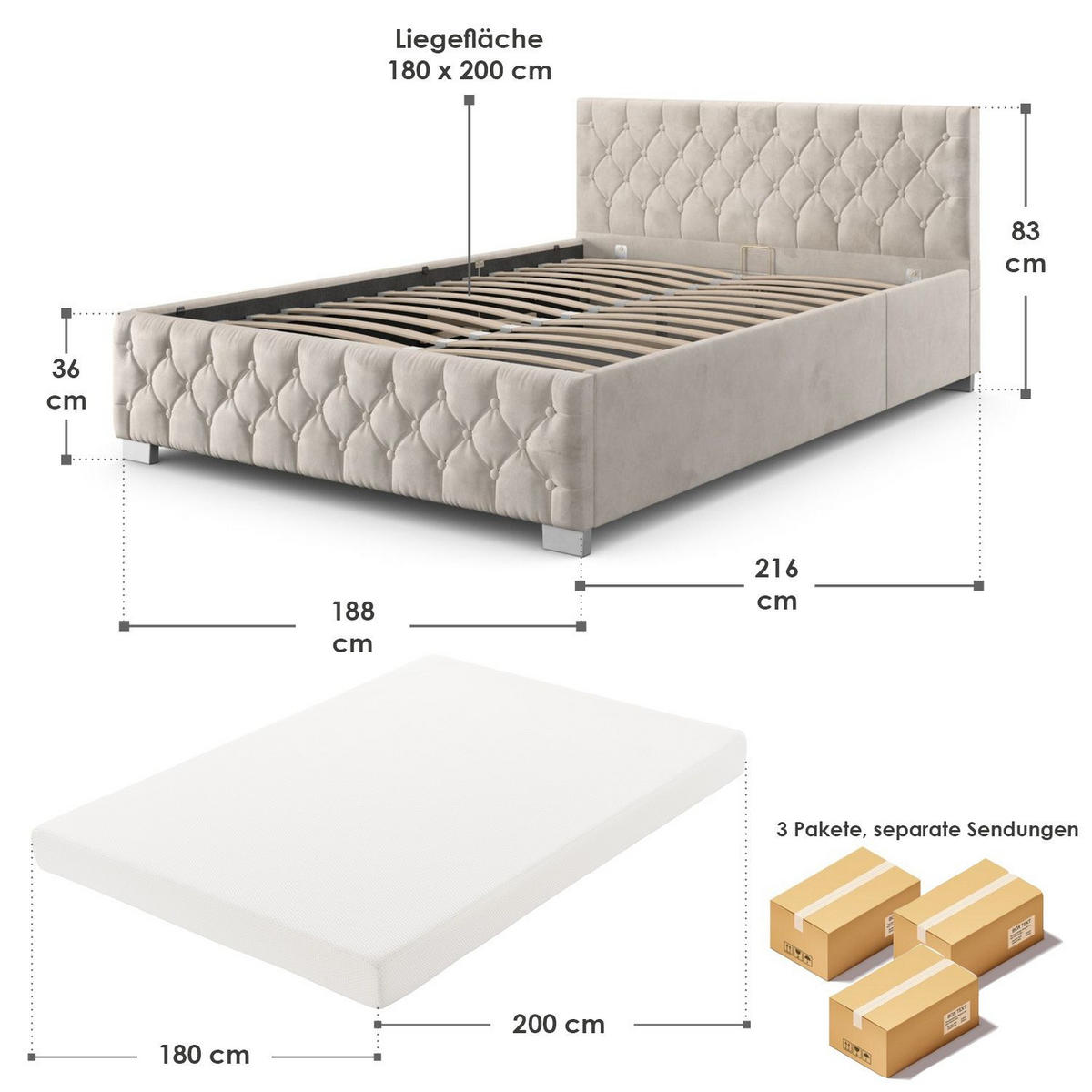 POLSTERBETT Nizza beige 180x200 cm mit Matratze - Beige, Holzwerkstoff (180/200cm) - Juskys