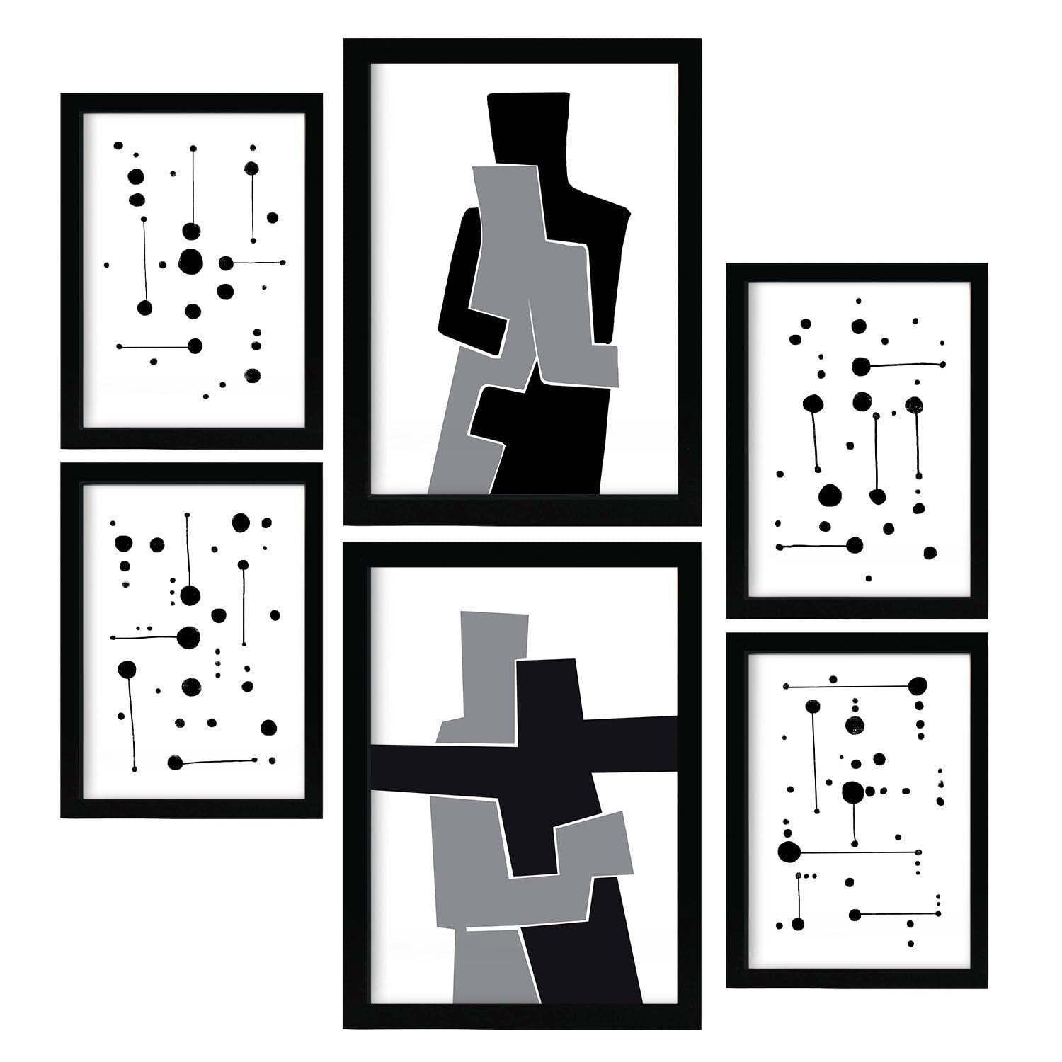 POSTER Set Mit 6 Balck & Weiß In Liebhaber Abstrakt A3 & A4 Schwarzer Rahmen - Schwarz, Papier (29/3cm) - Nacnic