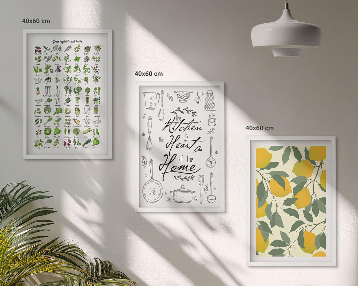 WANDBILDER 3er-Set - 40x60 cm Weißer Rahmen - Bemalte Zitronen-Küchenkräuter - Weiß, Kunststoff (40/60cm) - ArtPrintCave