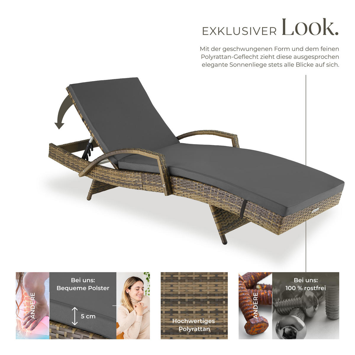 RATTAN-SONNENLIEGE Océane,190 x 71 x 34 – 74,5 cm,natur - Naturfarben, Kunststoff (71/74.5/190cm) - tectake