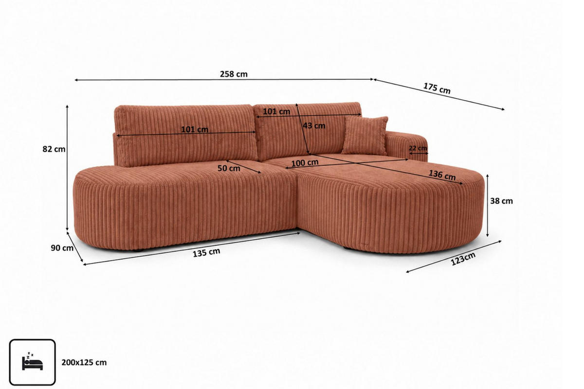 ECKSOFA Mit Schlaffunktion Und Bettkasten, Cordstoff Tilia, Kupfer, Rechts, ROUND ONE OPEN XL - Orange, Holz (258/175cm) - Kaiser Möbel