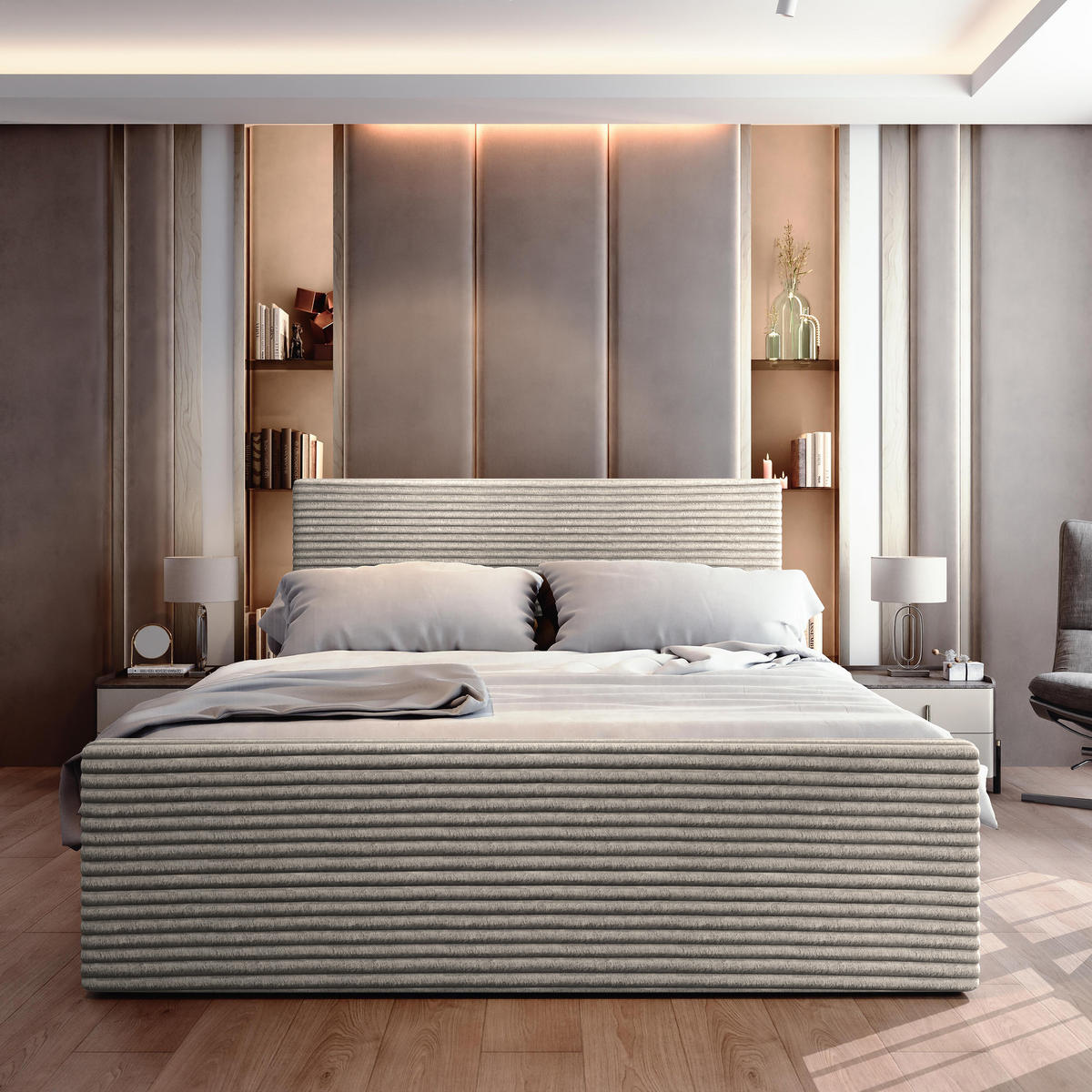 BOXBETT BRENTO 140x200 cm mit Matratze und Topper - Hellgrau - Hellgrau, Holz (140/200cm) - MASSENO