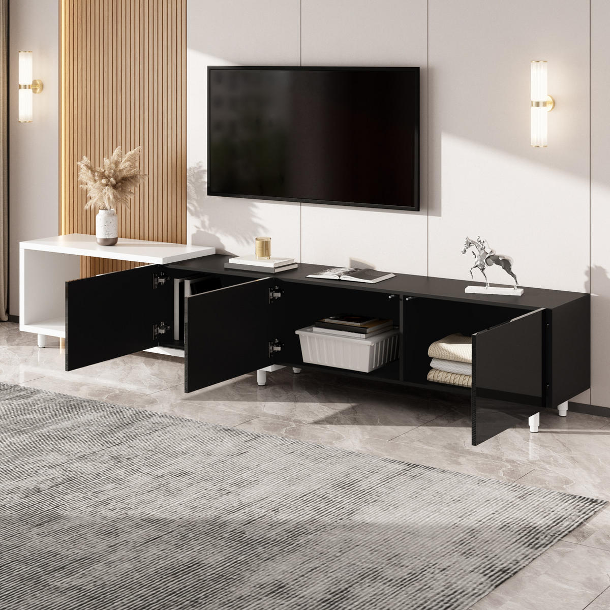 TV-LOWBOARD ausziehbar 258 x 38 x 48,5 cm aus MDF/Spanplatte, 3 Hochglanztüren, Schwarz/Weiß - Schwarz, Holzwerkstoff (258/48/38cm)