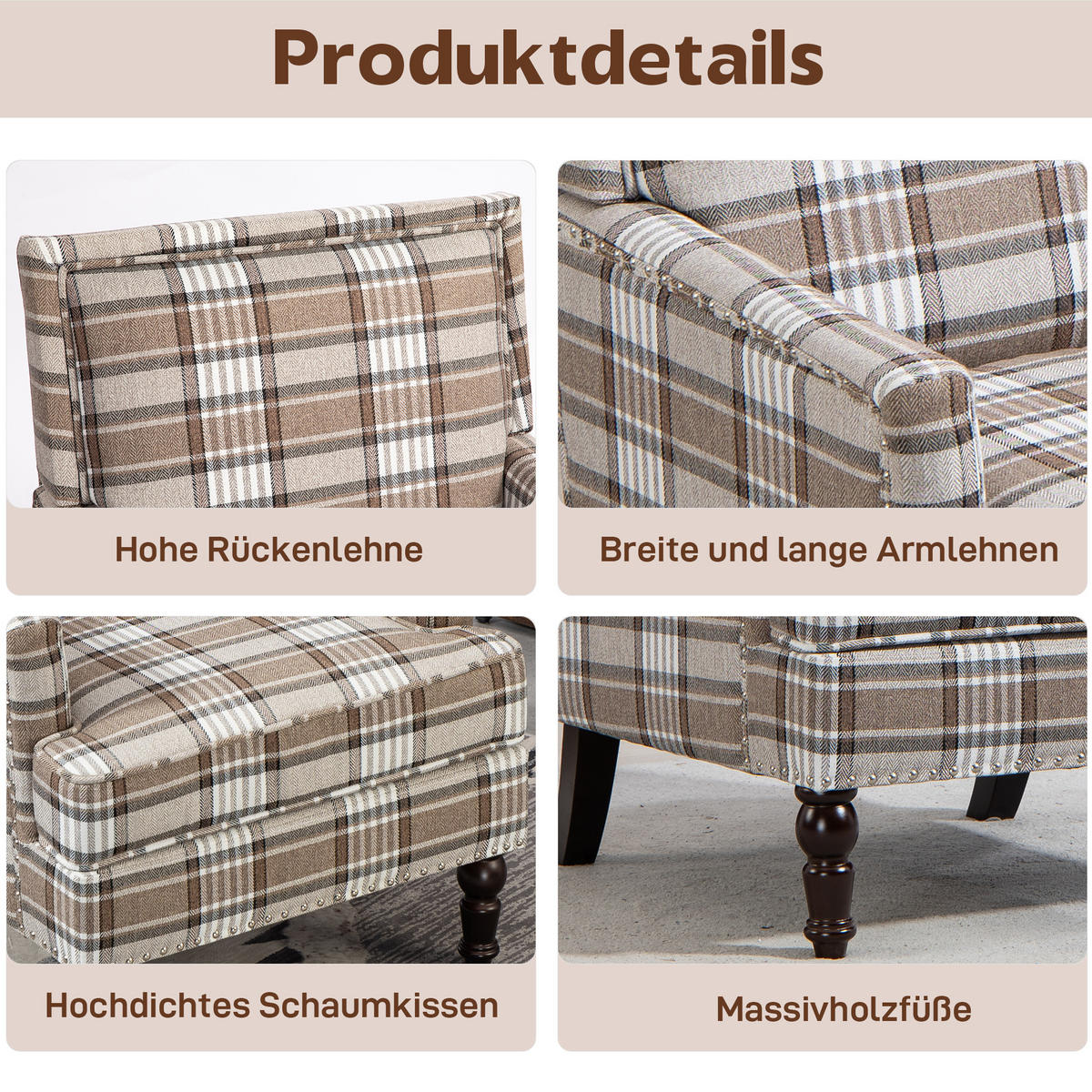 SESSEL Leinen Braun & Weiß - Braun/Weiß, Holzwerkstoff/Textil (69/89/69cm) - WISHDOR