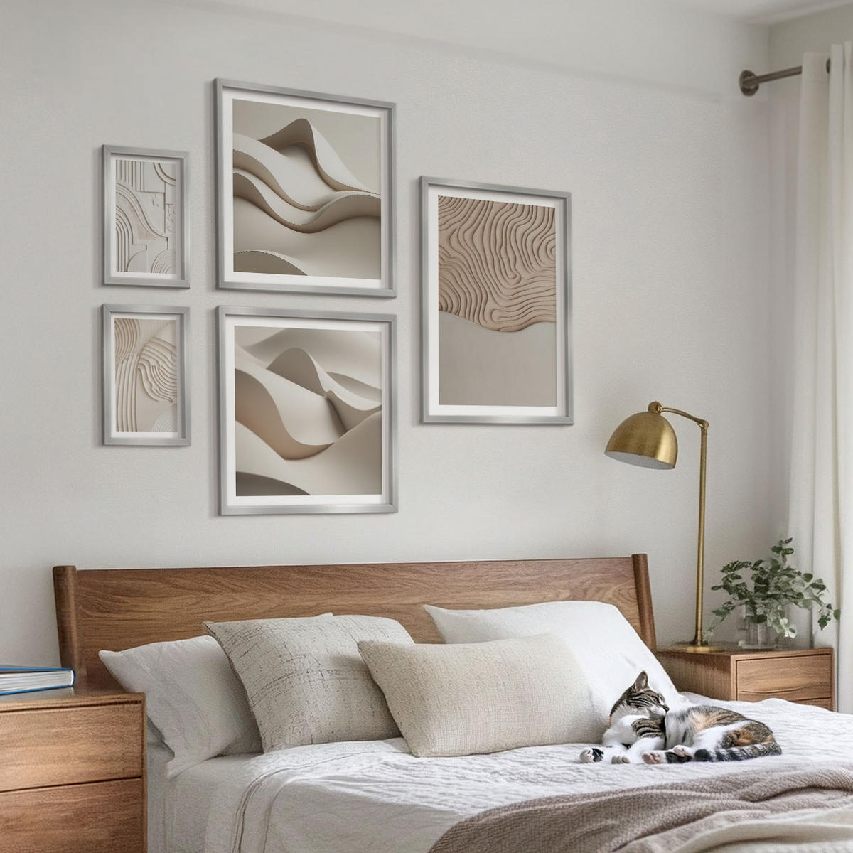 WANDBILDER 5er Set - 50x50 cm & 20x30 cm & 40x60 cm Silberner Rahmen - Abstrakte Wellen auf dem Sand - Silberfarben, Kunststoff (40/60cm) - ArtPrintCave