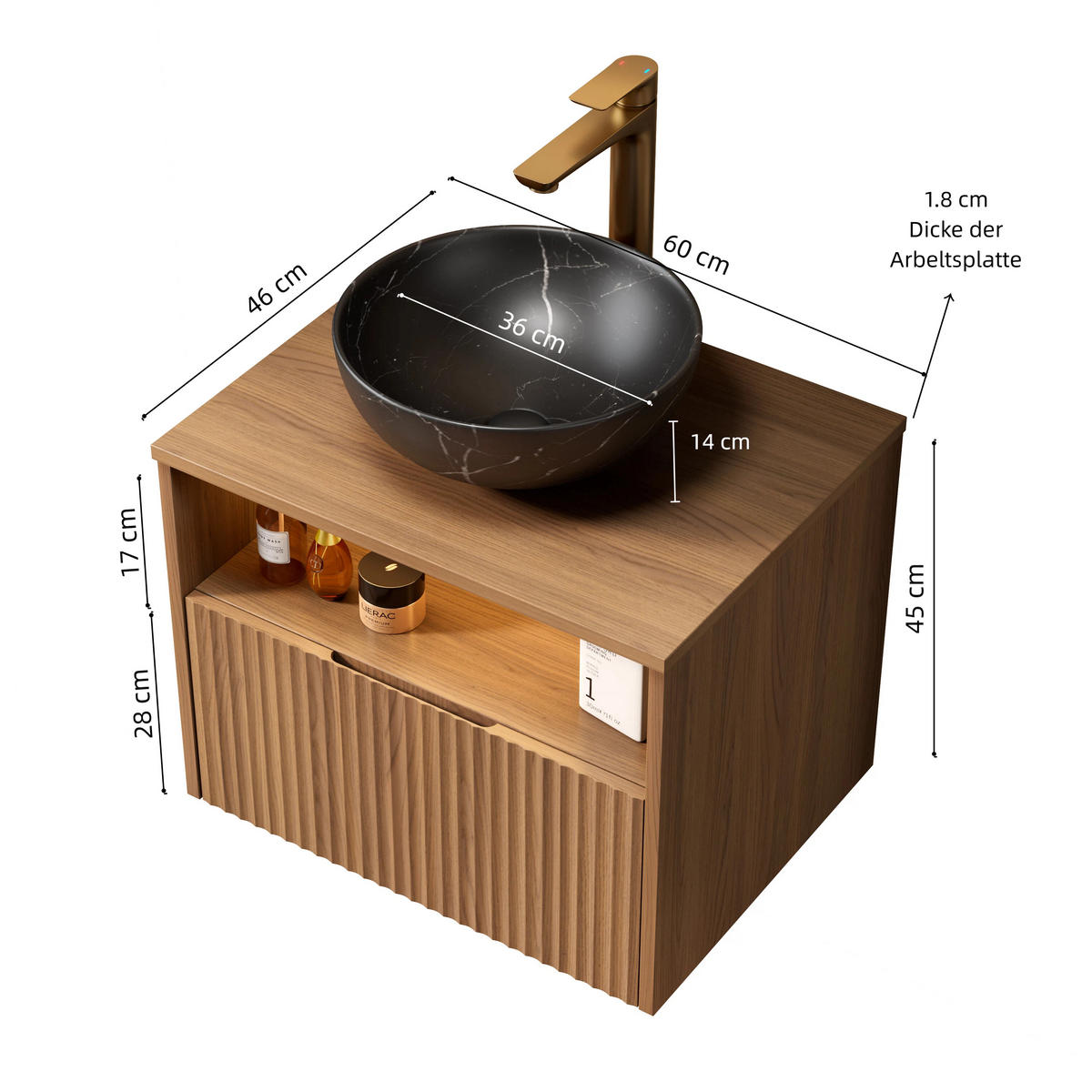 WASCHTISCH Braun-Eiche 60/46/61 cm - Schwarz, Holz (60/60.8/46cm) - PANGIVO