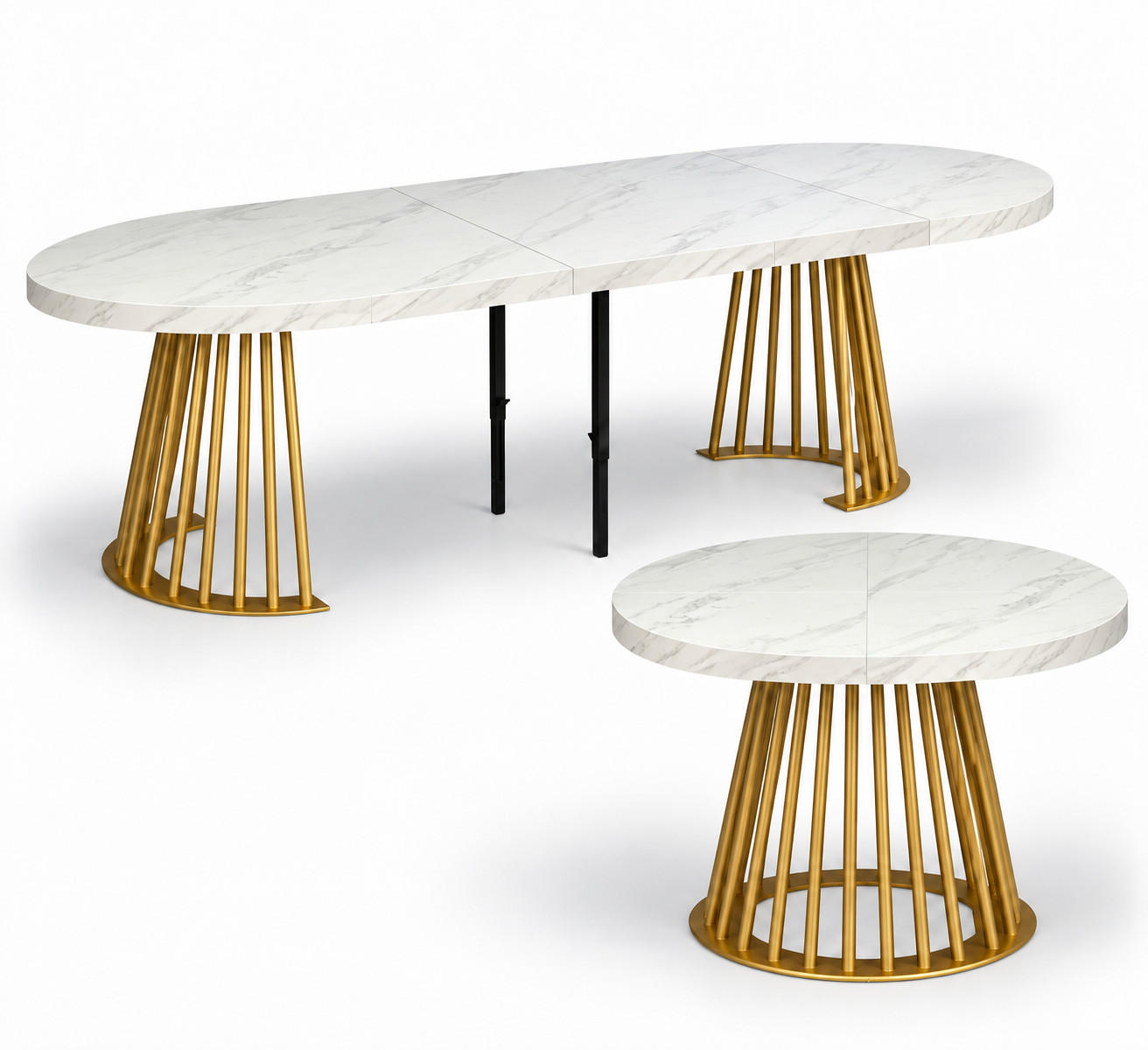 ESSTISCH rund ausziehbar 100/300/76 cm, Marmor, 54 cm Tischplatte + Lamellen-Metallgestell Gold - Goldfarben/Hellgrau, Holzwerkstoff/Metall (100/300/76cm) - Damale Möbel