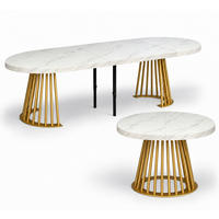 ESSTISCH rund ausziehbar 110/310/76 cm, Marmor, 54 cm Tischplatte + Lamellen-Metallgestell Gold - Goldfarben/Hellgrau, Holzwerkstoff/Metall (110/310/76cm) - Damale Möbel