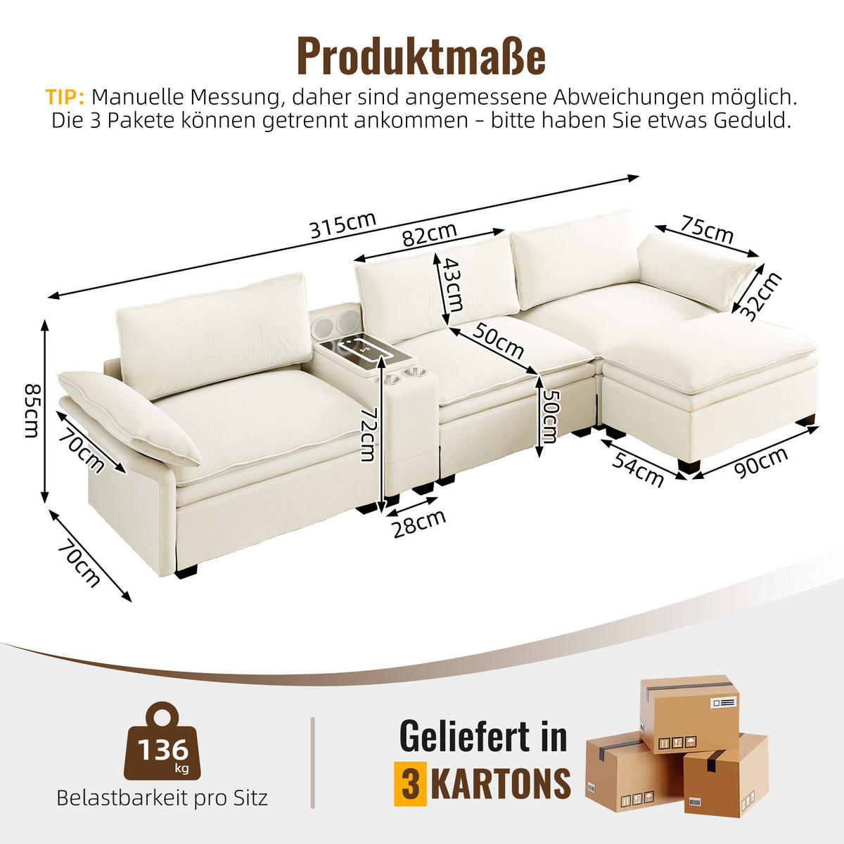 ECKSOFA 315/70/85 cm Beige mit Fußhocker, kabelloses Laden, Lautsprecher, Licht und 2 Getränkehalter - Beige, Textil (315/70cm) - Oxeza