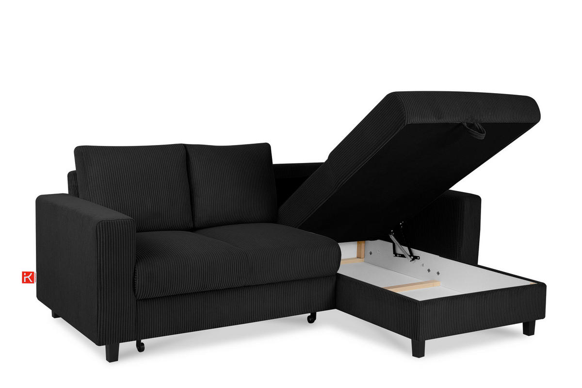 ECKSCHLAFSOFA EGRET Rechts mit Bettkasten, Cord-Stoff, schwarz - Schwarz, Textil (234/90cm) - KONSIMO®