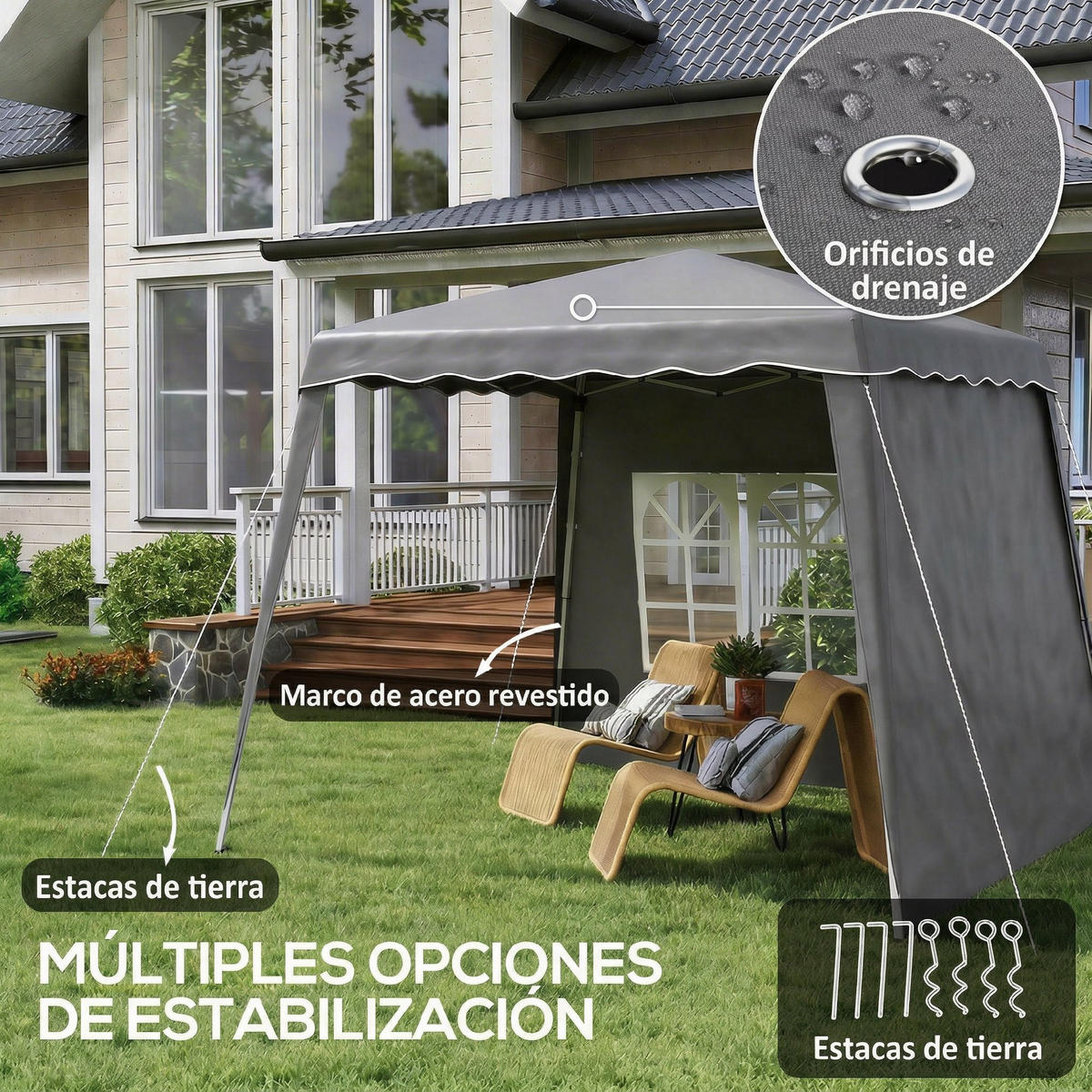 FALTPAVILLON, 2,89 x 2,89 m, mit Seitenwänden, höhenverstellbar, UV-Schutz 50+, Grau - Grau, Metall (289/253/289cm) - Vallsero