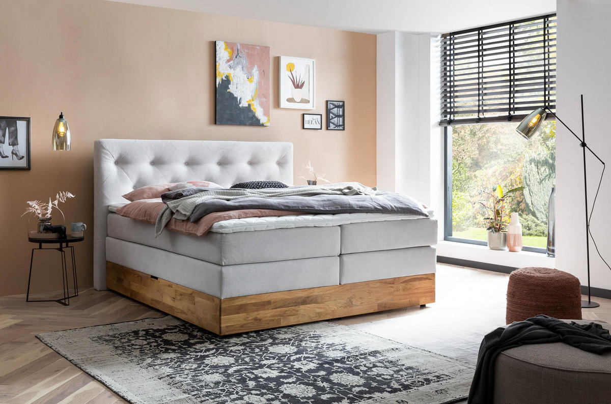 BOXSPRINGBETT MARBO 160x200 Weissgrau H2 und H3 mit Bettkasten 7-Zonen Taschenfederkern Matratze inkl. Visco Topper und Eiche - Weiß, Textil (160/200cm) - Belanoti