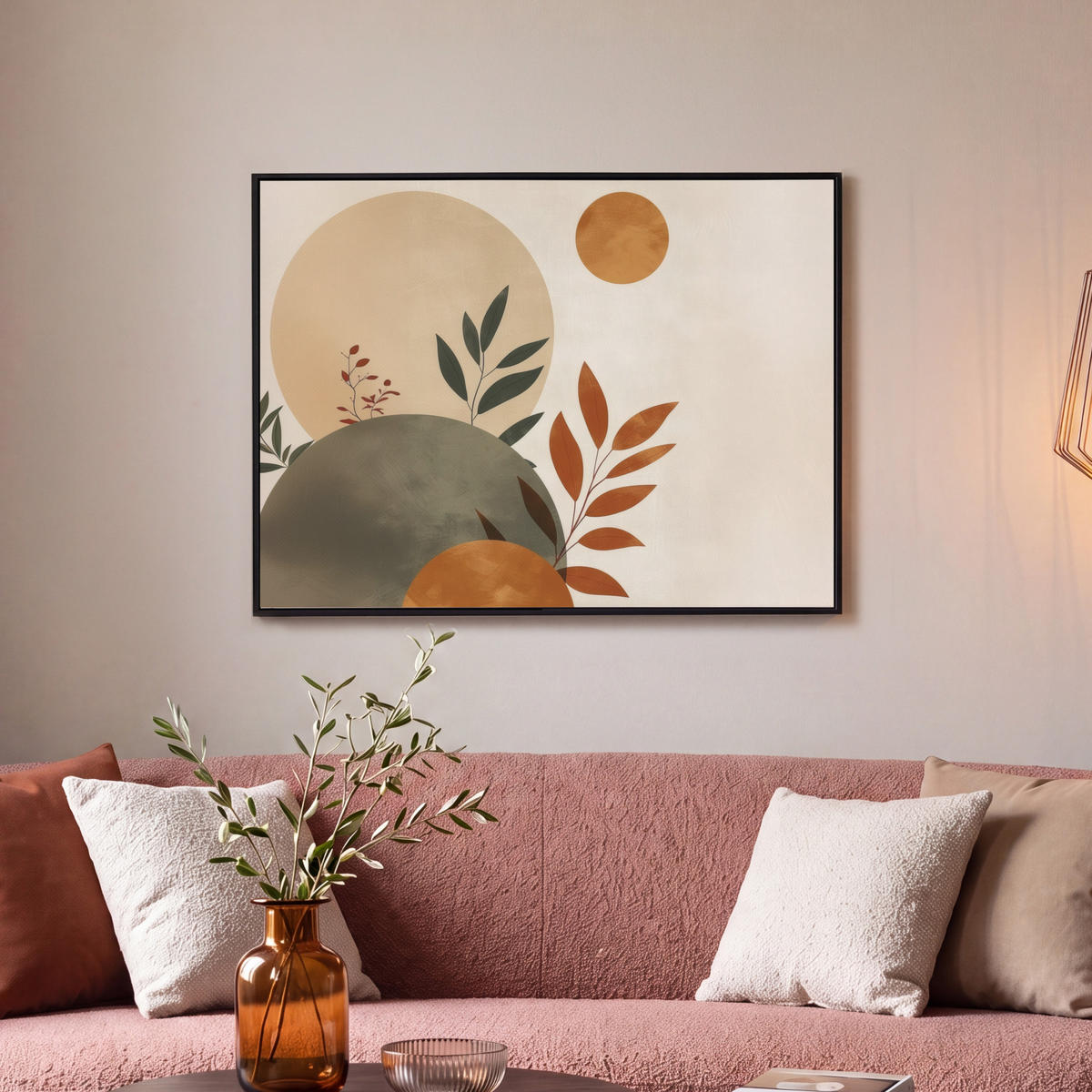 LEINWAND Bilder mit Rahmen - Formen - Rund - Blätter - Beige - 80x60 - Rostfarben, Textil (80/60cm) - MuchoWow