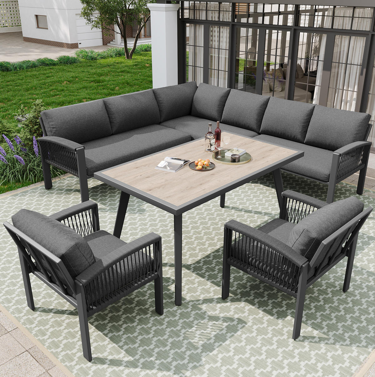 GARTEN-LOUNGE-SET mit Tisch 100/60/72 cm, verzinktes Metallgestell, Seilgeflecht und Kissen, Grau - Grau, Metall - Redom
