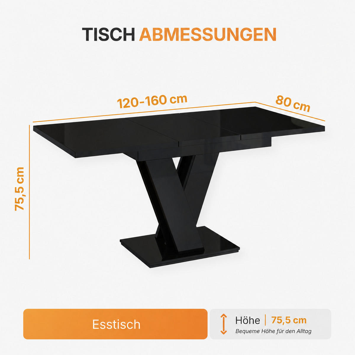 ESSTISCH Ausziehbar 120-160 cm Schwarz glänzend - Schwarz Hochglanz, Holzwerkstoff (160/80/75cm) - Home Collective