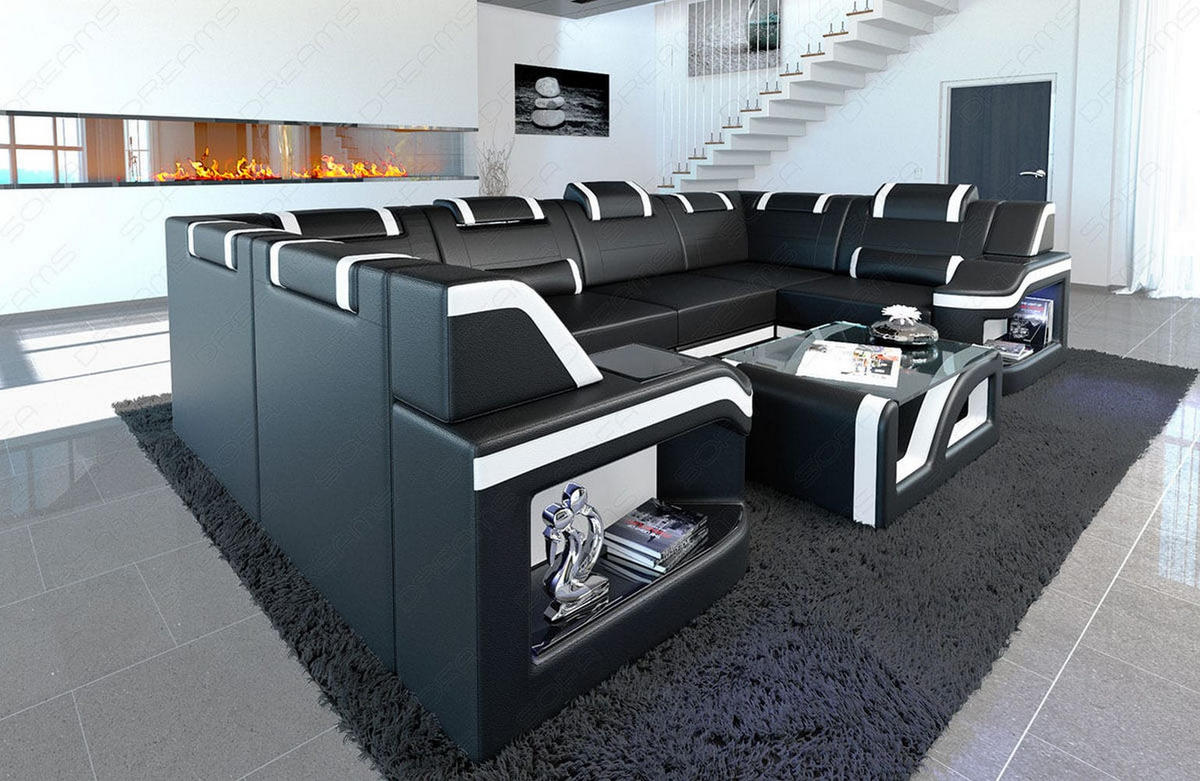 WOHNLANDSCHAFT Sofa Padua U Schwarz Weiß Echtleder - Schwarz, Leder (308/80/185cm)