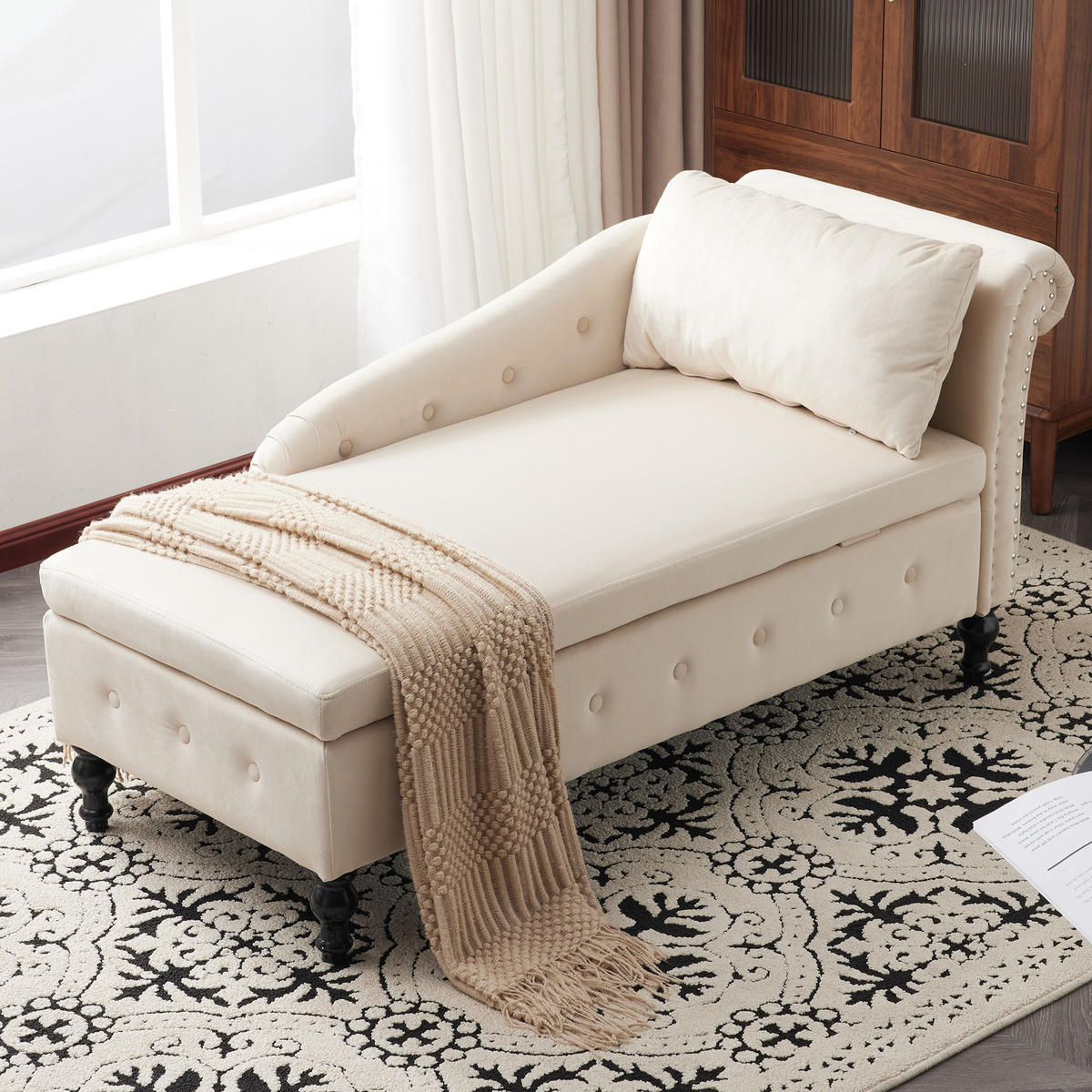 RÉCAMIERE Samt Beige mit Stauraum mit Kissen - Beige, Holz/Holzwerkstoff (144/69/62cm) - WISHDOR