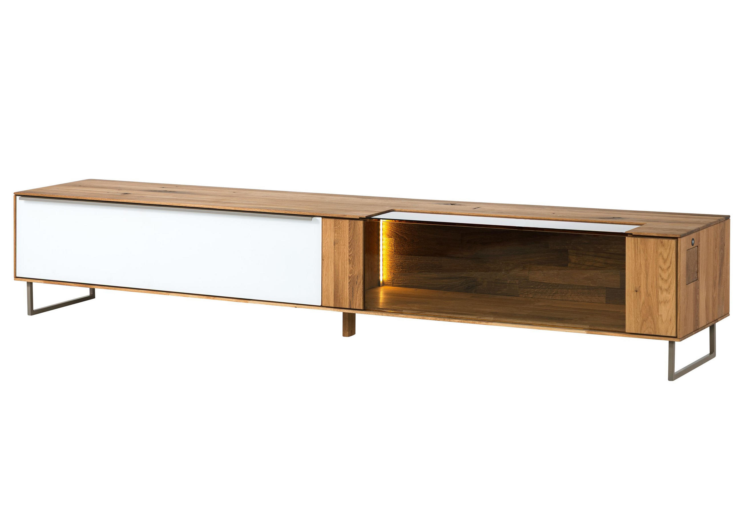 LOWBOARD Wildeiche 200x43x42 natur geölt / Glas weiß WIEN #114 - Naturfarben/Weiß, Holz (200/42/43cm) - Massivmoebel24