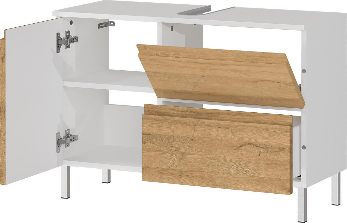 WASCHBECKENUNTERSCHRANK Weiß und Eiche Grandson 80x34x56 cm mit Chromfüßen VEER - Weiß, Holz/Metall (80/56/34cm) - KADIMA DESIGN