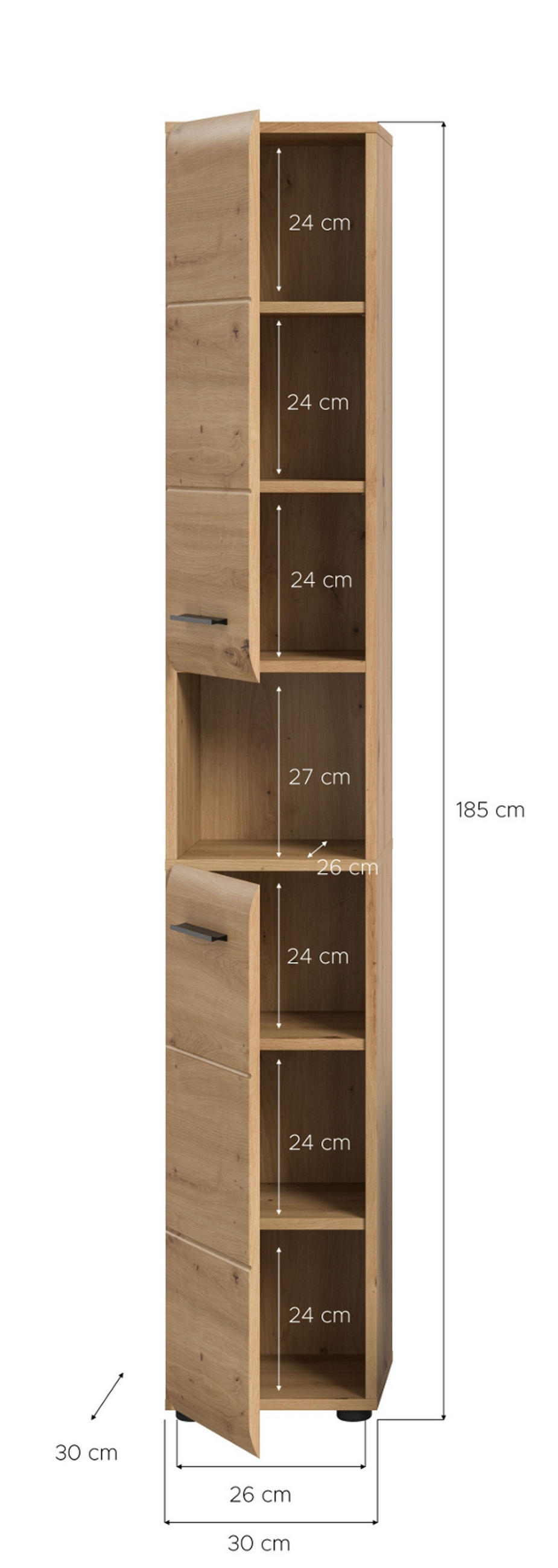 HOCHSCHRANK Eiche Artisan, Badschrank 30 x 185 cm, Türanschlag wechselbar, Cover - Schwarz/Eiche Artisan, Holzwerkstoff/Kunststoff (30/185/30cm) - Inn.Furn