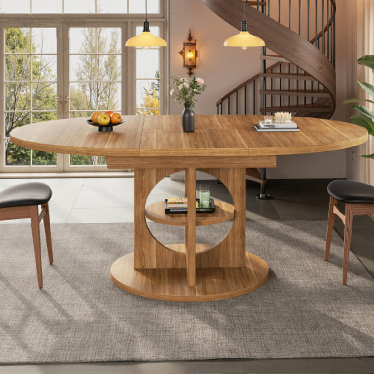 ESSTISCH Ausziehbarer 110-150×110×76 cm aus MDF und Metall mit mittlerem Ablageregal, naturfarben - Naturfarben, Holzwerkstoff (150/110/76cm) - Luhomfu