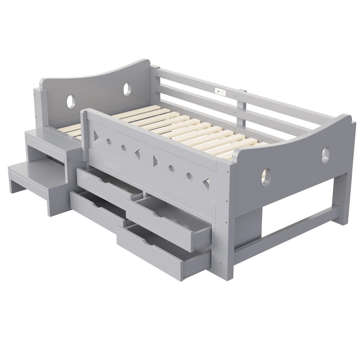 KINDERBETT Holz 90x200 cm Grau mit Stauraum, Sicherheitsgitter, LED, USB & Typ-C - Grau, Holz (90/200cm) - Modfu