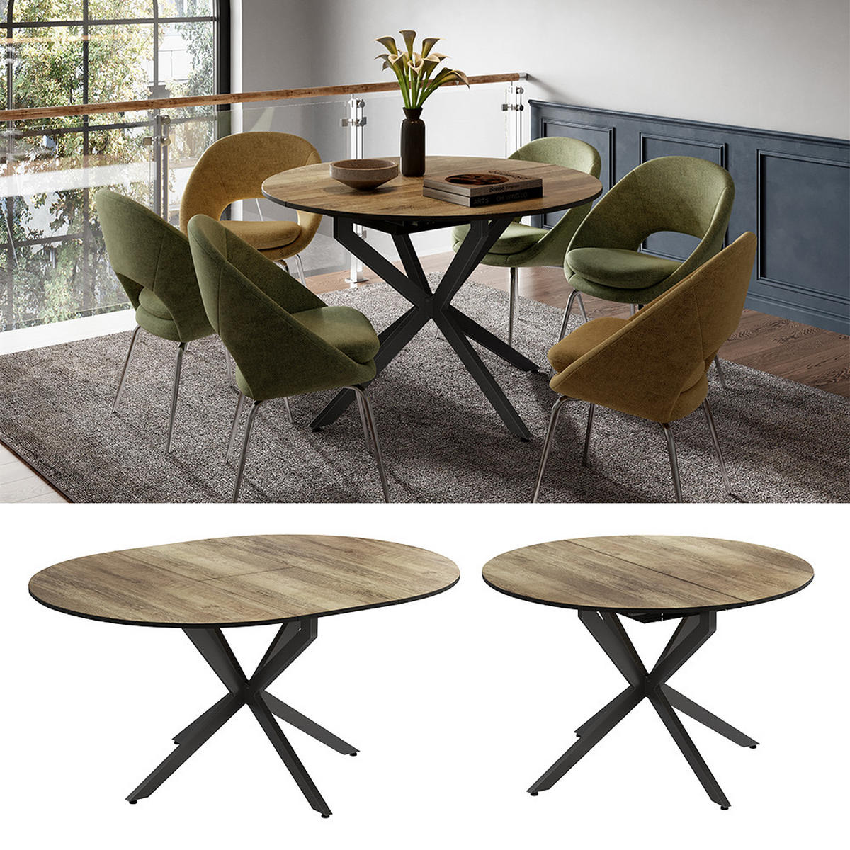 ESSTISCH Loyd Schwarz/Eiche rustikal 120 x 76.5 cm ausziehbar - Wildeiche/Schwarz, Holzwerkstoff (120/120/76.5cm) - Vicco