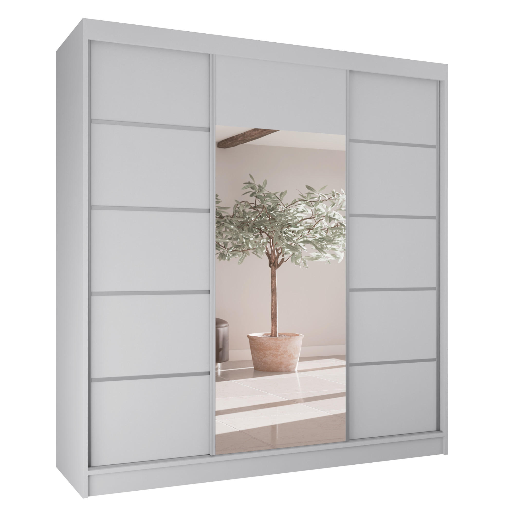 SCHWEBETÜRENSCHRANK Moni mit Spiegel und Zierleisten, 215x200x61cm, Weiß+Silber - Silberfarben/Weiß, Holzwerkstoff (200/215/61cm) - AN-Moebel 4u