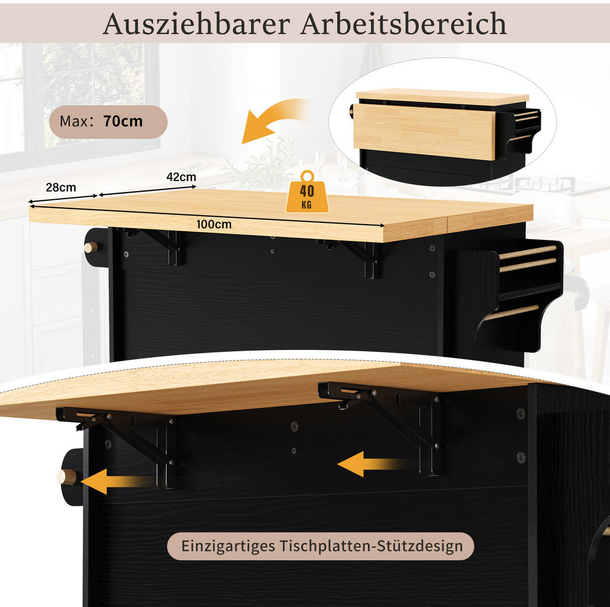 KÜCHENINSEL mit Rollen und Ausziehplatte 100 cm Schwarz/Natur - Schwarz, Holz (42/91.5/100cm) - Beauniv