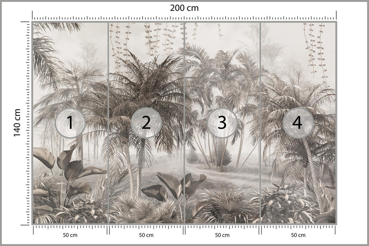 FOTOTAPETA Pre Kanceláriu Vintage Tropické Džungľa Palmy Listy 200 x 140 cm - hnedá/sivá, papier (200/140cm) - Muralo