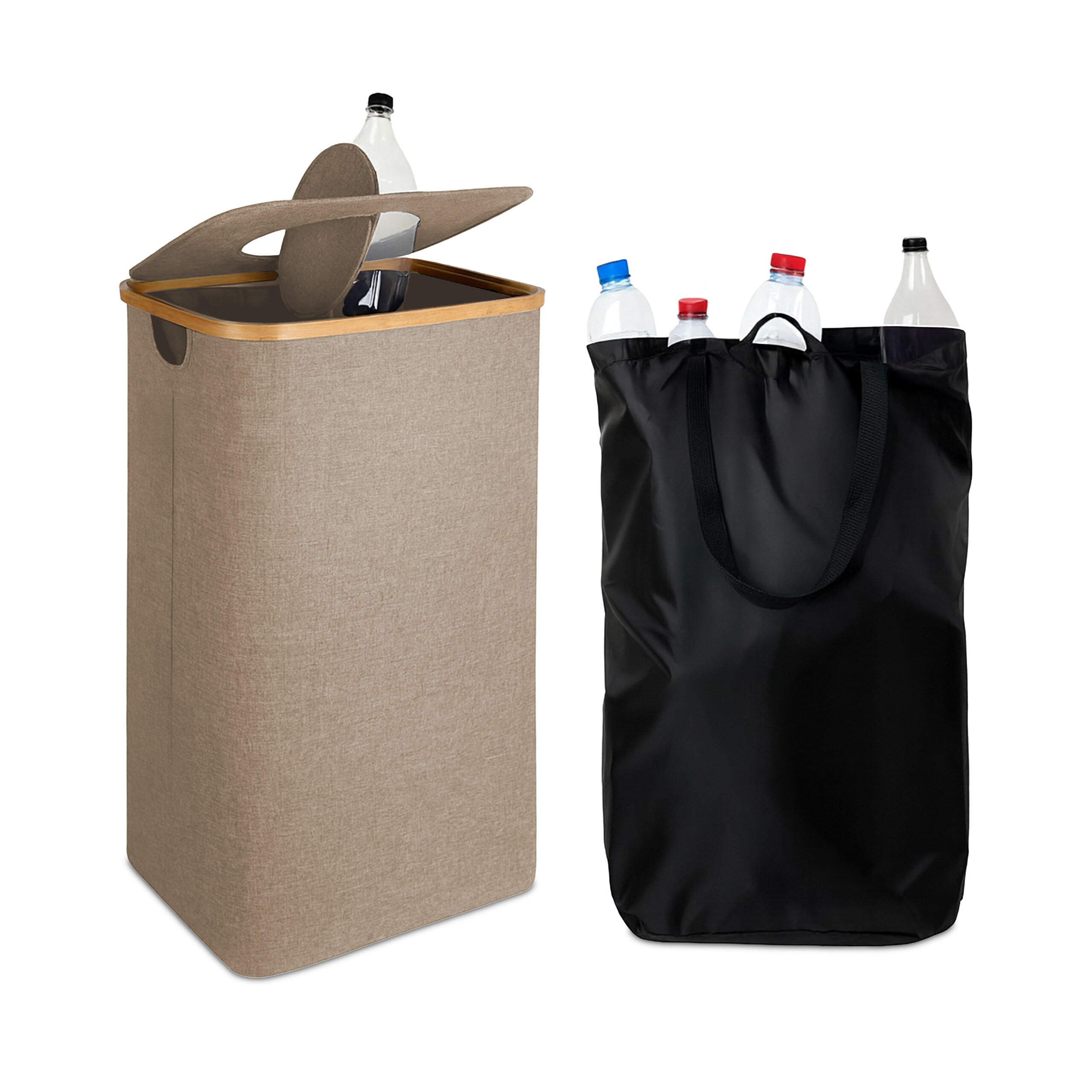 PFANDFLASCHEN-SAMMELBEHÄLTER - Beige, Holz/Textil (42/70/34cm) - Relaxdays