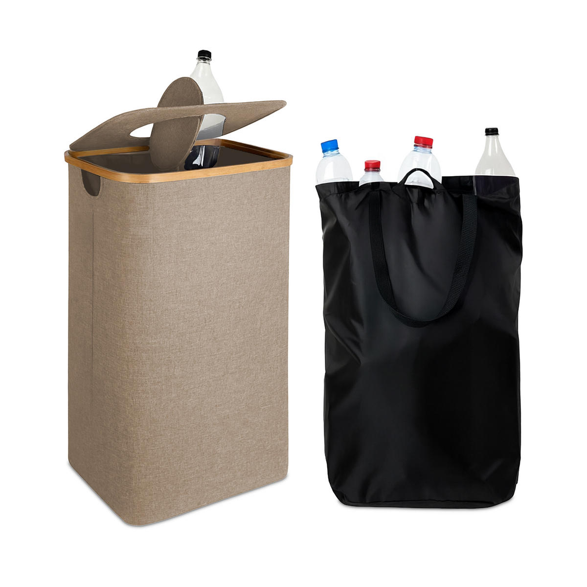 PFANDFLASCHEN-SAMMELBEHÄLTER - Beige, Holz/Textil (42/70/34cm) - Relaxdays