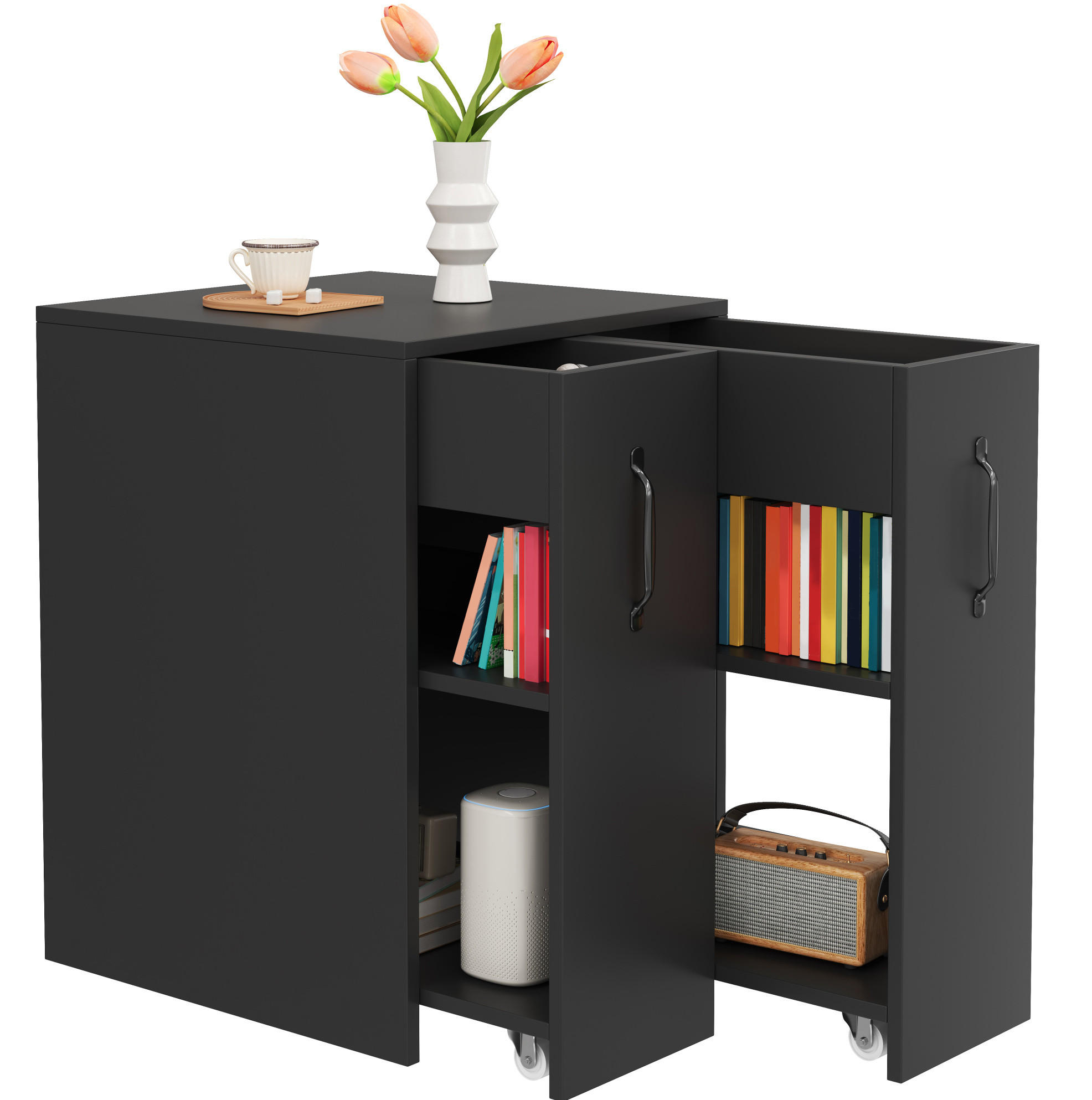 SIDEBOARD 52/50/75 cm in Schwarz mit Rollen und ausziehbaren Modulen - Schwarz, Holzwerkstoff (52/75/50cm) - Flora Grace