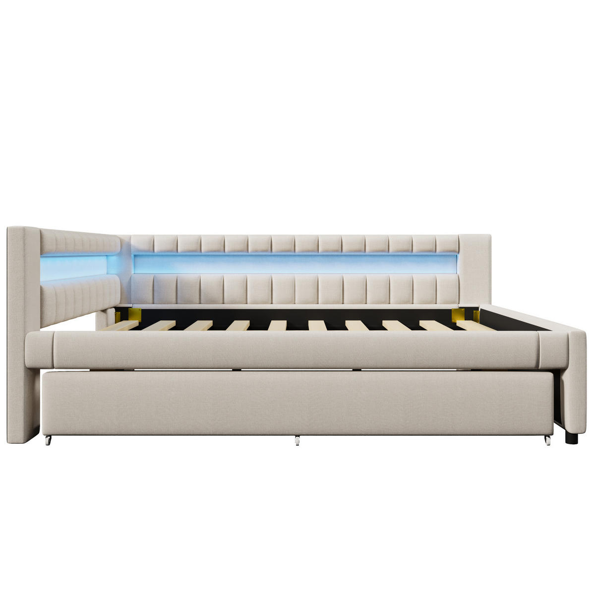 POLSTERBETT 140/200 cm mit Ausziehbett, LED-Beleuchtung, USB- und Type-C-Anschluss, Leinenbezug, Beige - Beige, Textil (140/200cm) - Redom