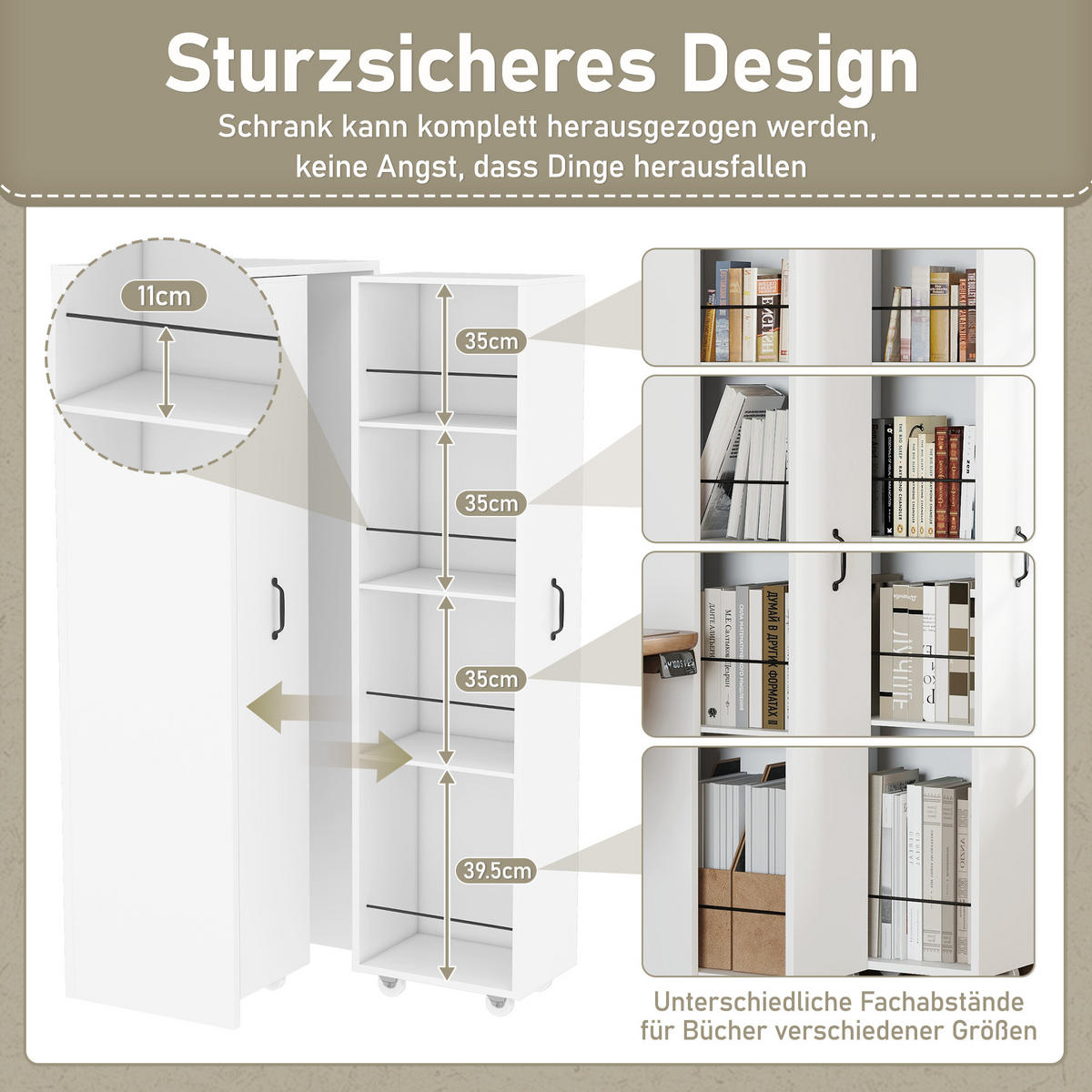 BÜCHERREGAL erweiterbar 4 Ebenen Rollen MDF weiß modern - Weiß, Holzwerkstoff (41/158/51.5cm) - FLIEKS
