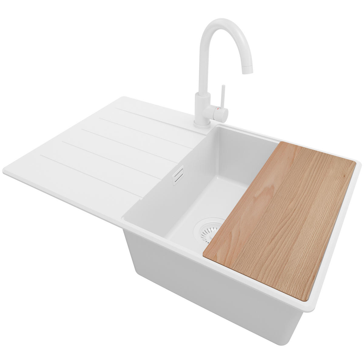 GRANITSPÜLE Kopenhagen, 2-er set Alles Weiß 78/50 cm 1 Becken + Küchenarmatur 32/20 cm + Ablauf-Set + Schneidebrett ab 50er Unterschrank - Beige/Weiß, Kunststoff (78/20/50cm) - Primagran