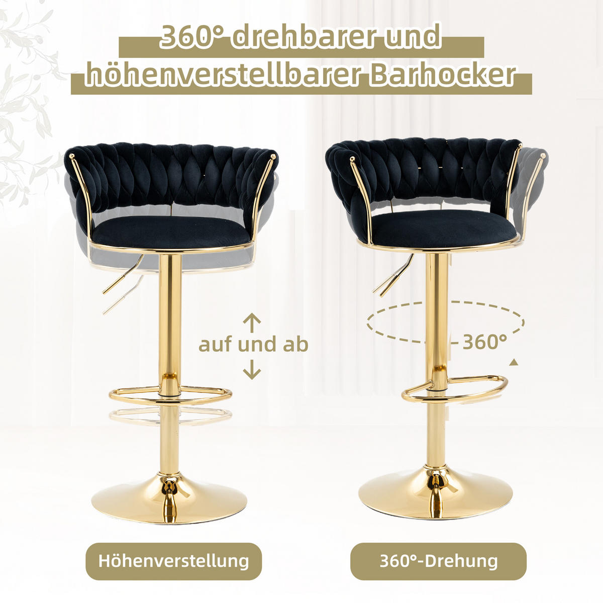 BARHOCKER 2er-Set 360° drehbar mit Samtbezug - Schwarz, Textil (54/78/46cm)