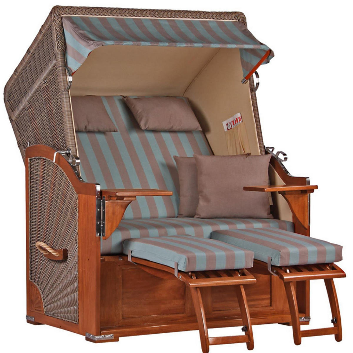 STRANDKORB Komplettset Seeblick Mahagoni PE Grey Dessin 520 - Blau/Braun, Naturmaterialien/Metall (125/170/80cm) - Mr. Deko